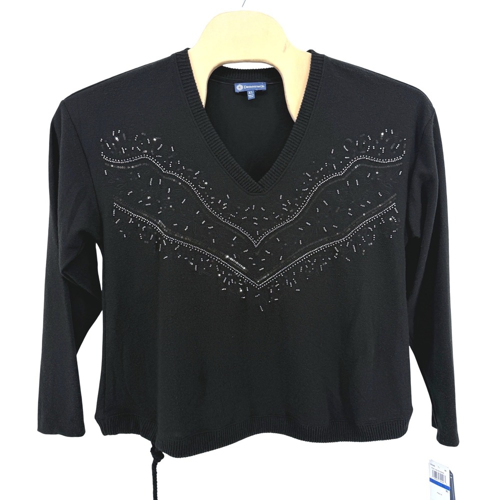 NEW Democracy Sweater Womens XL V-Neck Black Beaded Sequin Embellished Holidays